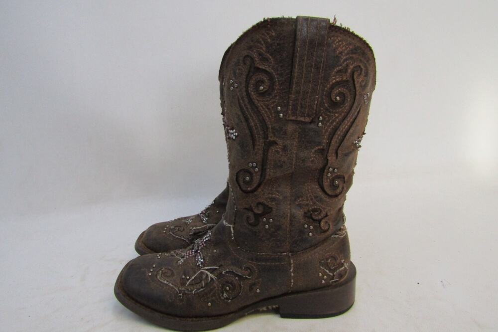 Roper Brand Youth Size 11 M Brown Inlay Cross Studded Cowboy Boots